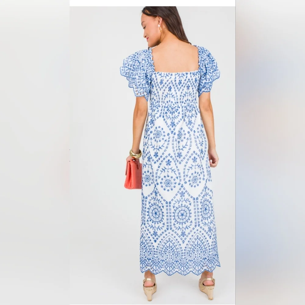 Ana & Rose Blue & White Embroidered Lace Smock Midi Dress - Women Small - Picture 2 of 7